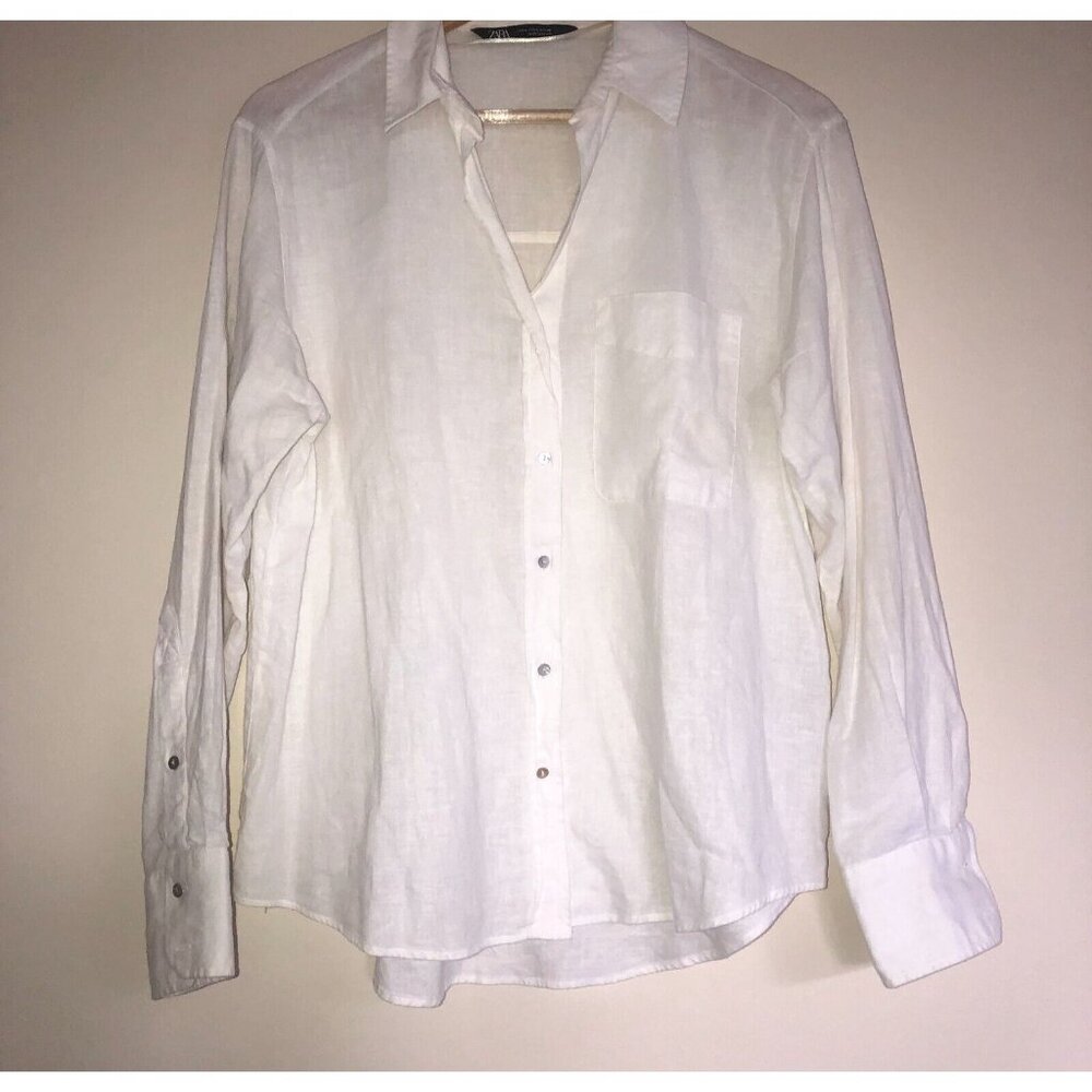 Zara White Linen Blend Button Down Shirt Long Sleeve Women's Size Small - Picture 1 of 6